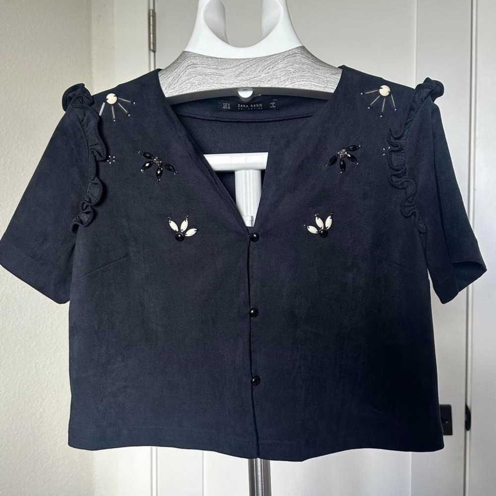 Zara Blue Faux Suede Top with Ruffles and Beaded Details